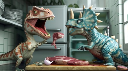 Cartoon scene A sneaky velociraptor chef is caught stealing a raw steak from the fridge by a triceratops sous chef who exclaims Hey you cant just take a bite out - obrazy, fototapety, plakaty