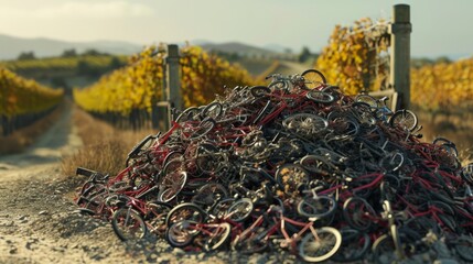 A heap of gs tangled up in a chaotic pile after a particularly intense hairpin turn in the vineyard racing track their tiny bikes abandoned in the background. - obrazy, fototapety, plakaty