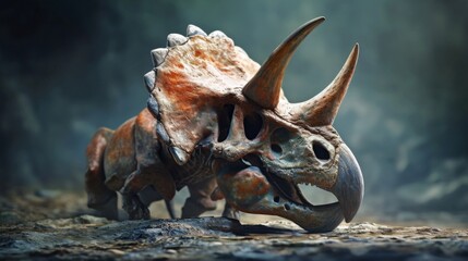 A triceratops skull with a severe abscess on its jaw suggesting a possible or injury that could have impacted its ability to eat. - obrazy, fototapety, plakaty
