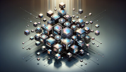 Futuristic microservices architecture with sleek metallic shapes and iridescent accents.