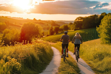 man and a woman cycling through picturesque countryside, enjoying the scenery - obrazy, fototapety, plakaty