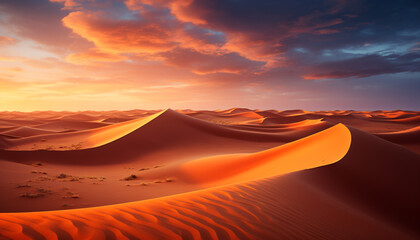 Fototapeta na wymiar Arid landscape, ripples of sand, majestic sunset generated by AI