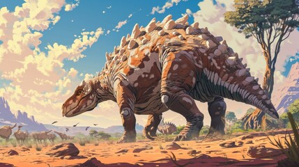 An Ankylosaurus stands its ground against a pack of smaller predators its armored body a formidable defense in the open savannah.