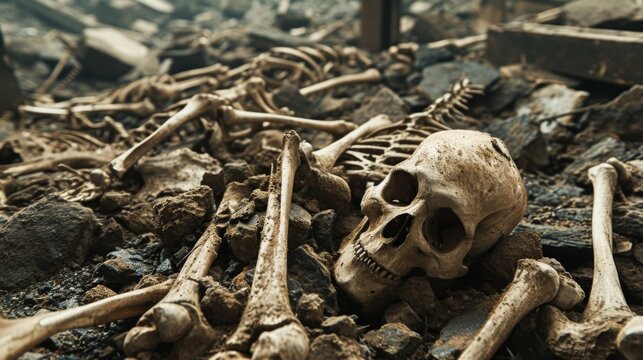 The entire boneyard is a chaotic jumble of bones with no discernible order or pattern showcasing the devastation and chaos that occurred during the natural disaster.