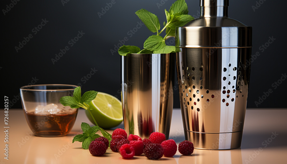 Poster Refreshing cocktail with mint leaf, raspberry, and citrus fruit generated by AI