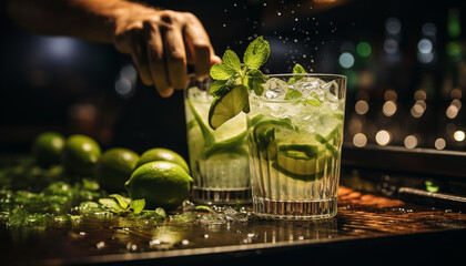 A refreshing mojito cocktail on a wooden table at night generated by AI - obrazy, fototapety, plakaty