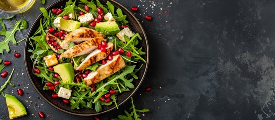 Salad featuring grilled chicken, avocado, brie cheese, arugula, pomegranate, and vinaigrette dressing, with empty area to write.