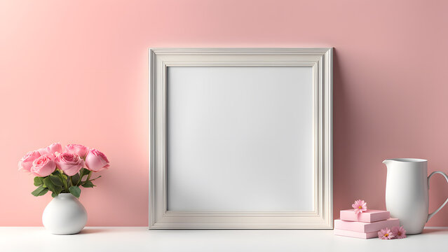 3D blank photo frame mockup isolated flower pastel background with space text for women's day and mother's day poster illustration