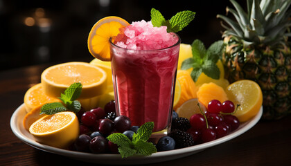 Freshness and sweetness in a healthy summer cocktail with pineapple, raspberry, and citrus fruit generated by AI