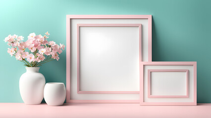 Fototapeta na wymiar 3D blank photo frame mockup isolated flower pastel background with space text for women's day and mother's day poster illustration