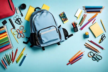 : Prepare for Academic Success with an Enriching HD Image Showcasing a Backpack Adorned with an Array of Essential School Supplies. The Thoughtful Composition Against a Serene Light Blue Background Cr