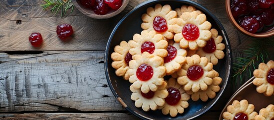Vintage table top with homemade red jam-filled jelly cookies. - obrazy, fototapety, plakaty