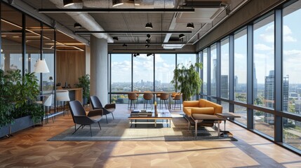 An elevated lookout point on the office buildings rooftop featuring stunning views of the city skyline and surrounding landscape making it an ideal spot for brainstorming