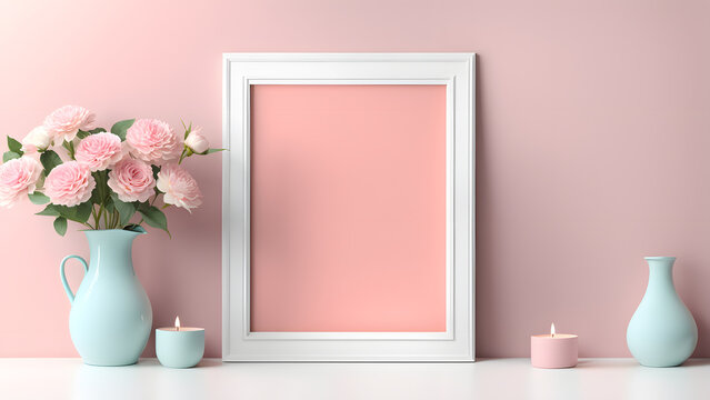 3D blank photo frame mockup isolated flower pastel background with space text for women's day and mother's day poster illustration