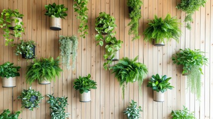 A wooden panel wall is adorned with a collection of contemporary hanging planters overflowing with vibrant green foliage creating a natural and peaceful workspace.