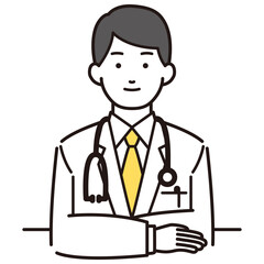 テーブルに座る白衣をきた男性イラスト