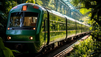 Naklejka premium Passenger train speeds through city, illuminating modern architecture generated by AI