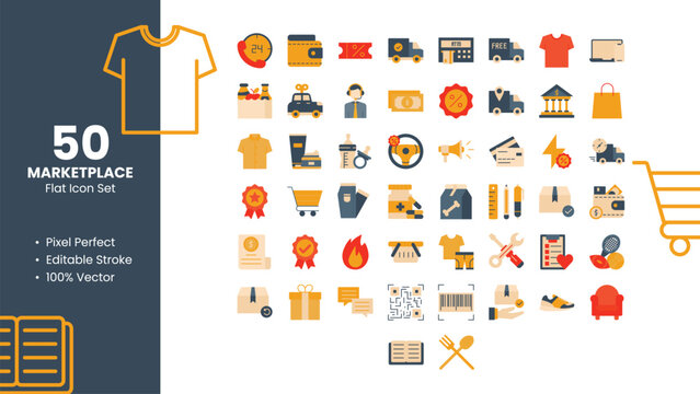 Set of 50 Flat Icons Related to Marketplace. Pixel Perfect Icon. Flat Icon Collection. Fully Editable. Vector illustration.