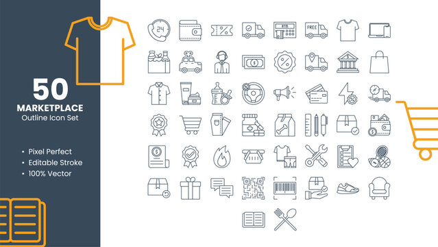 Set of 50 Outline Icons Related to Marketplace. Pixel Perfect Icon. Outline Icon Collection. Fully Editable. Vector Illustration.