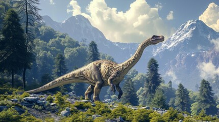 A large planteating dinosaur grazes on the sp vegetation of a high mountain meadow its long neck and strong legs allowing it to reach the highest branches.
