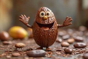 The cute character of the cartoon smiling Cocoa bean waves his hands and greets. 3d illustration