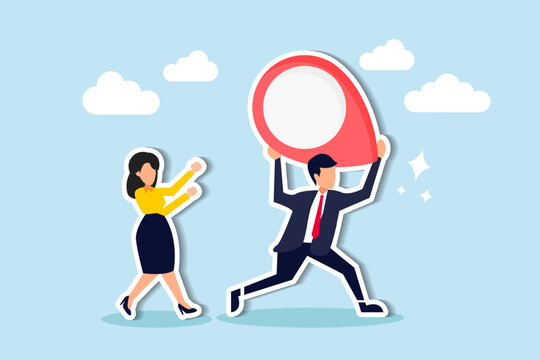 In the concept of relocating a business office to a new address, joyful businessmen and businesswomen run towards the new destination, carrying an address pin or map mark.