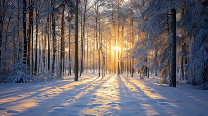 Sunlight Filters Through Snow-Covered Trees in Winter Landscape