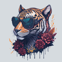 A trendy t-shirt design showcasing a stylish tiger, surrounded by a colorful and vibrant flora that exudes a sense of magic and wonder.