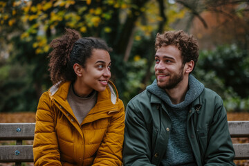 Fototapeta premium man and a woman sitting on a park bench, with a look of contentment on their faces