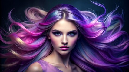 Portrait of a woman with bright colored flying hair, all shades of purple. Hair coloring, beautiful lips and makeup. Hair fluttering in the wind. girl with long hair styling