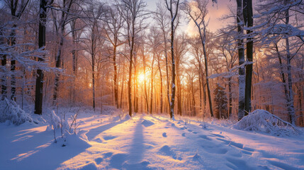 Sunlight Filters Through Snow-Covered Trees
