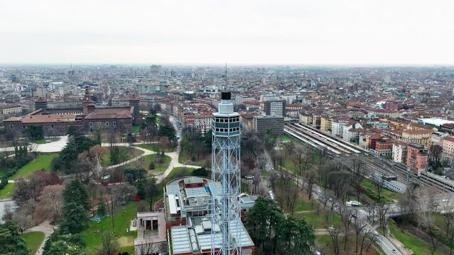 Aerial view of the Ancient observation tower in 4k