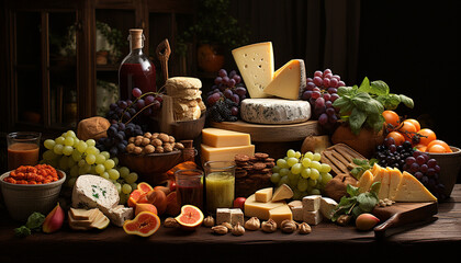Freshness and variation of fruit, cheese, and bread on rustic table generated by AI