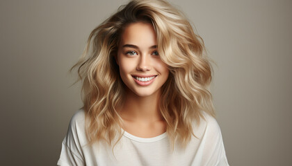 Obraz premium Beautiful woman with long blond hair smiling and looking at camera generated by AI