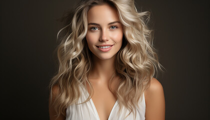 Beautiful woman with long blond hair, smiling and looking at camera generated by AI
