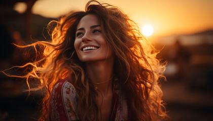Young woman smiling, enjoying the sunset, carefree in nature generated by AI
