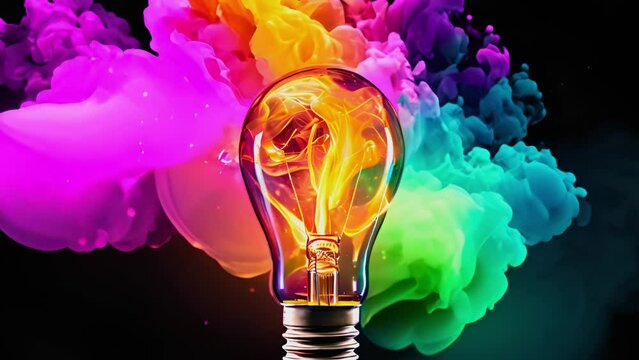 Creative light bulb exploding and splashing out with colorful paint and colors. New idea, brainstorming concept