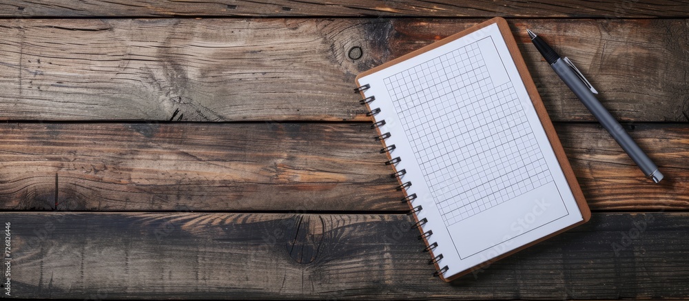 Poster top-down view of a wooden table with a school notebook, pen, and empty sheets, displaying a to-do li