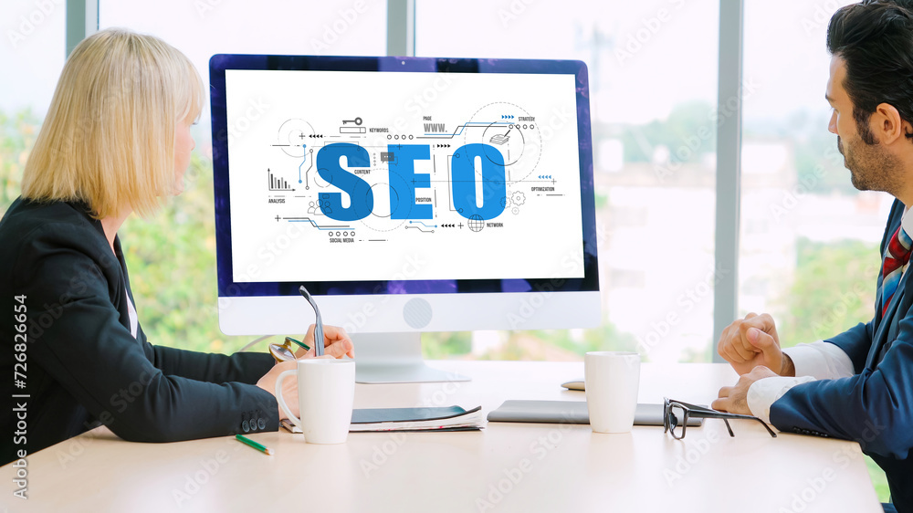 Poster seo search engine optimization for modish e-commerce and online retail business showing on computer 