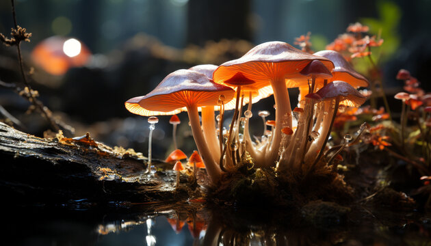 The slimy toadstool grows on a wet forest branch generated by AI