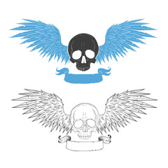 Fototapeta premium Monochrome Skull with wings. Vector illustration, tattoo sketch, emblem