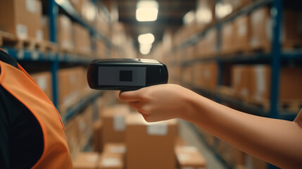 A Person's hands are shown up close as she uses a barcode scanner to check or count items in a warehouse, or to price items in a store