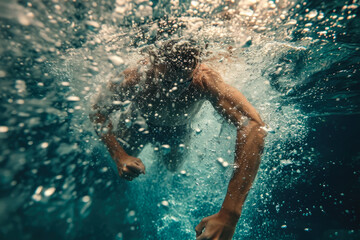 man trying to swim to the surface, with his legs kicking frantically