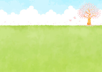 桜の木とのどかな草原の風景イラスト