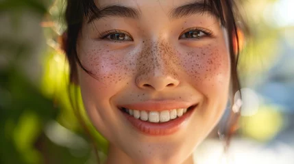 Fotobehang そばかす、完璧な肌と笑顔の日本人女性GenerativeAI © enopi