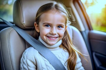 portrait of a girl sitting in a car. kid with the seat belt. 