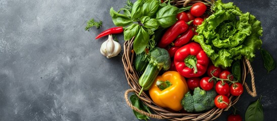 Basket filled with fresh organic vegetables, including paprika, seen from above on a concrete background, representing the concept of healthy food and gardening.