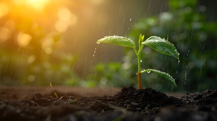 young plant growing from seed in soil in park in sun rise with raining drops - obrazy, fototapety, plakaty