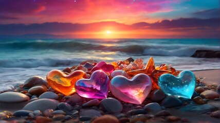 heart shaped stones on the beach heart shape transparent rainbow colorful and shiny quartz jems 