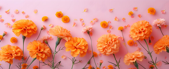 Spring marigold flowers on pink pastel background top view in flat lay style, suitable for womens or mothers day greeting or spring sale banner. - obrazy, fototapety, plakaty